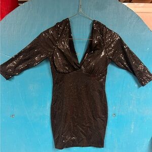 Women's Forever 21 Black Sequin V-neck 3/4 Sleeve Dress Size M